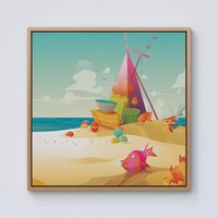 Warren Reed - Designer Fish On A Beach Holiday Framed Canvas in Light Brown | Size: W16" x H16"