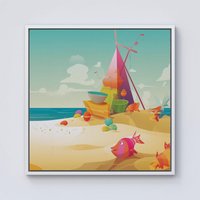 Warren Reed - Designer Fish On A Beach Holiday Framed Canvas in Off-White | Size: w40 inch x h40 inch