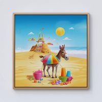 Warren Reed - Designer Donkey On A Beach Holiday Framed Canvas in Light Brown | Size: W16" x H16"