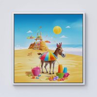 Warren Reed - Designer Donkey On A Beach Holiday Framed Canvas in Off-White | Size: W30" x H30"