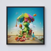 Warren Reed - Designer Frog On A Beach Holiday Framed Canvas in Black | Size: w10 inch x h10 inch