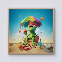 Warren Reed - Designer Frog On A Beach Holiday Framed Canvas in Light Brown | Size: w40 inch x h40 inch