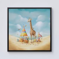 Warren Reed - Designer Giraffe On A Beach Holiday Framed Canvas in Black | Size: W16" x H16"