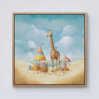 Warren Reed - Designer Giraffe On A Beach Holiday Framed Canvas in Light Brown | Size: W16" x H16"
