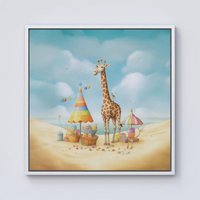 Warren Reed - Designer Giraffe On A Beach Holiday Framed Canvas in Off-White | Size: W30" x H30"