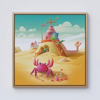 Warren Reed - Designer Pink Crab On A Beach Holiday Framed Canvas in Light Brown | Size: W16" x H16"