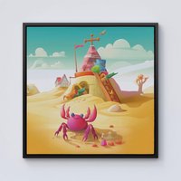 Warren Reed - Designer Pink Crab On A Beach Holiday Framed Canvas in Black | Size: W30" x H30"