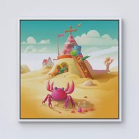Warren Reed - Designer Pink Crab On A Beach Holiday Framed Canvas in Off-White | Size: w40 inch x h40 inch