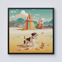 Warren Reed - Designer Doggy On A Beach Holiday Framed Canvas in Black | Size: w10 inch x h10 inch