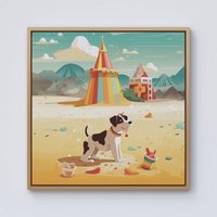 Warren Reed - Designer Doggy On A Beach Holiday Framed Canvas in Light Brown | Size: w10 inch x h10 inch