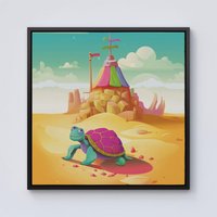 Warren Reed - Designer Turtle On A Beach Holiday Framed Canvas in Black | Size: W16" x H16"