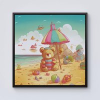 Warren Reed - Designer Teddy Bead On A Beach Holiday Framed Canvas in Black | Size: w10 inch x h10 inch