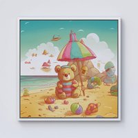 Warren Reed - Designer Teddy Bead On A Beach Holiday Framed Canvas in Off-White | Size: W16" x H16"