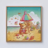 Warren Reed - Designer Teddy Bead On A Beach Holiday Framed Canvas in Light Brown | Size: w40 inch x h40 inch