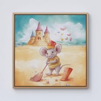 Warren Reed - Designer Mouse On A Beach Holiday Framed Canvas in Light Brown | Size: w10 inch x h10 inch