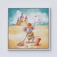 Warren Reed - Designer Mouse On A Beach Holiday Framed Canvas in Off-White | Size: W30" x H30"