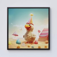 Warren Reed - Designer Funky Chicken On A Beach Holiday Framed Canvas in Black | Size: w10 inch x h10 inch