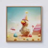 Warren Reed - Designer Funky Chicken On A Beach Holiday Framed Canvas in Light Brown | Size: w10 inch x h10 inch