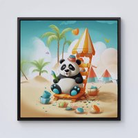Warren Reed - Designer Panda On A Beach Holiday Framed Canvas in Black | Size: w10 inch x h10 inch