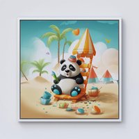 Warren Reed - Designer Panda On A Beach Holiday Framed Canvas in Off-White | Size: w40 inch x h40 inch