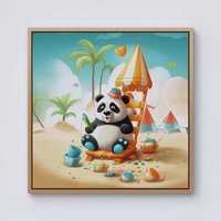 Warren Reed - Designer Panda On A Beach Holiday Framed Canvas in Light Brown | Size: w40 inch x h40 inch