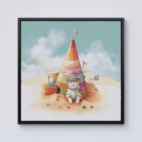 Warren Reed - Designer Cat On A Beach Holiday Framed Canvas in Black | Size: w10 inch x h10 inch