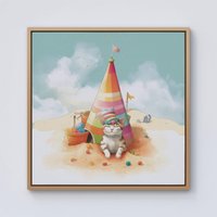 Warren Reed - Designer Cat On A Beach Holiday Framed Canvas in Light Brown | Size: w40 inch x h40 inch