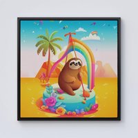Warren Reed - Designer Sloth On A Beach Holiday Framed Canvas in Black | Size: w10 inch x h10 inch