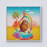 Warren Reed - Designer Sloth On A Beach Holiday Framed Canvas in Off-White | Size: W30" x H30"