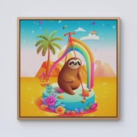 Warren Reed - Designer Sloth On A Beach Holiday Framed Canvas in Light Brown | Size: w40 inch x h40 inch