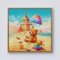 Warren Reed - Designer Bear On A Beach Holiday Framed Canvas in Light Brown | Size: W30" x H30"