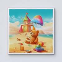Warren Reed - Designer Bear On A Beach Holiday Framed Canvas in Off-White | Size: w40 inch x h40 inch