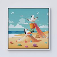 Warren Reed - Designer Seagulls On A Beach Holiday Framed Canvas in Off-White | Size: w10 inch x h10 inch