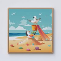 Warren Reed - Designer Seagulls On A Beach Holiday Framed Canvas in Light Brown | Size: w10 inch x h10 inch