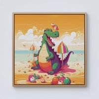 Warren Reed - Designer Crocodile On A Beach Holiday Framed Canvas in Light Brown | Size: W16" x H16"