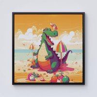 Warren Reed - Designer Crocodile On A Beach Holiday Framed Canvas in Black | Size: W30" x H30"
