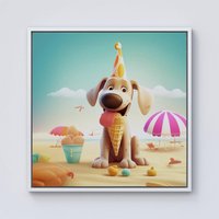 Warren Reed - Designer Dog On A Beach Holiday Framed Canvas in Off-White | Size: W30" x H30"