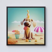 Warren Reed - Designer Dog On A Beach Holiday Framed Canvas in Black | Size: w40 inch x h40 inch