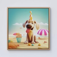 Warren Reed - Designer Dog On A Beach Holiday Framed Canvas in Light Brown | Size: w40 inch x h40 inch