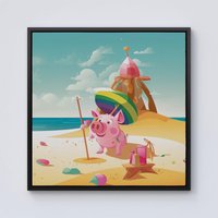 Warren Reed - Designer Piglet On A Beach Holiday Framed Canvas in Black | Size: w10 inch x h10 inch