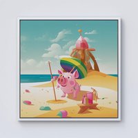 Warren Reed - Designer Piglet On A Beach Holiday Framed Canvas in Off-White | Size: w40 inch x h40 inch
