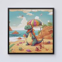 Warren Reed - Designer Dragon On A Beach Holiday Framed Canvas in Black | Size: W16" x H16"