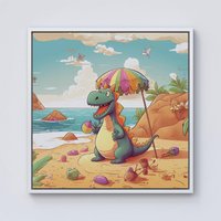Warren Reed - Designer Dragon On A Beach Holiday Framed Canvas in Off-White | Size: W30" x H30"