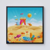 Warren Reed - Designer Fishes On A Beach Holiday Framed Canvas in Black | Size: W16" x H16"