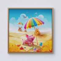 Warren Reed - Designer Pig On A Beach Holiday Framed Canvas in Light Brown | Size: w40 inch x h40 inch