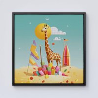 Warren Reed - Designer A Giraffe On A Beach Holiday Framed Canvas in Black | Size: w10 inch x h10 inch
