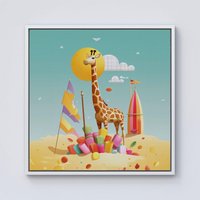 Warren Reed - Designer A Giraffe On A Beach Holiday Framed Canvas in Off-White | Size: W16" x H16"