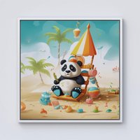 Warren Reed - Designer Happy Panda On A Beach Holiday Framed Canvas in Off-White | Size: W30" x H30"
