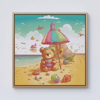 Warren Reed - Designer Lucky Teddy Bear On A Beach Holiday Framed Canvas in Light Brown | Size: w10 inch x h10 inch
