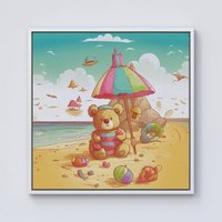 Warren Reed - Designer Lucky Teddy Bear On A Beach Holiday Framed Canvas in Off-White | Size: W30" x H30"